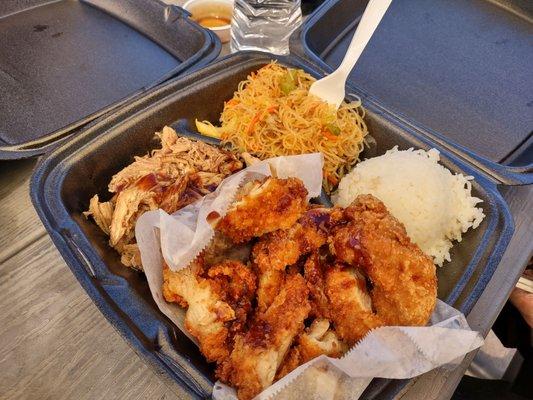 Kahlua pork, chicken katsu, pansit and rice - Dakine Grindz