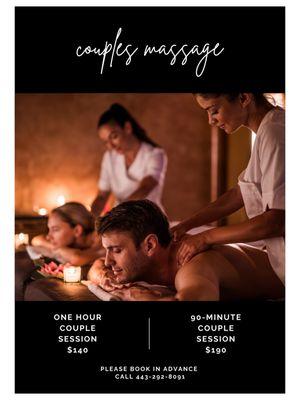 Looking for a unique and romantic experience? Our Couples Massage is the perfect way to bond and relax together!