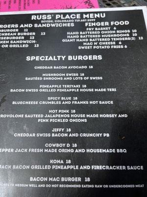 Specialty burger menu.