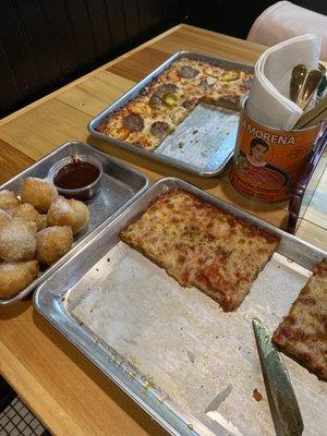 Cheese pie. Meatball pie and sugar zeppoles.