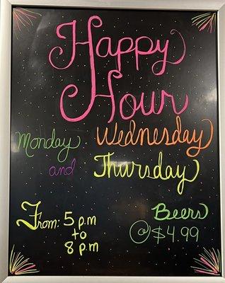 Come for Happy Hour, Monday, Wednesday and Thursdays