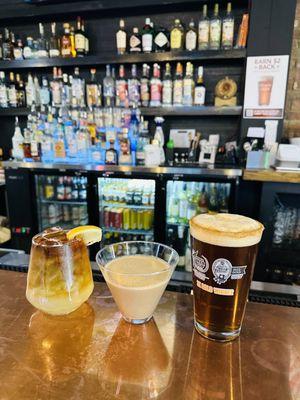 Fatheads Holly Jolly with cinnamon sugar rim, an espresso martini, and a spiked Arnold Palmer