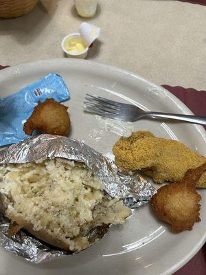 Catfish, hush puppies, coleslaw, baked potatoes, warm rolls