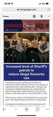 The Lakewood police would do a damn thing to prevent illegal fireworks. Trust me, they won't.