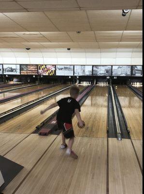 Wyatt rolling his duckpin bowling ball