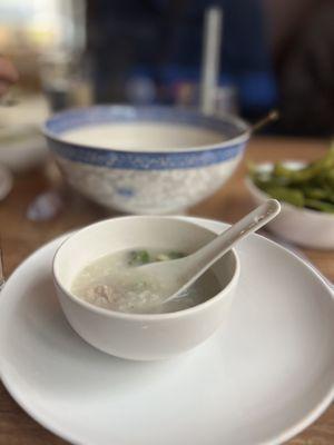 Congee - showing large serving bowl for comparison