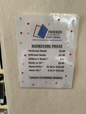 Prices for materials in the bookstore