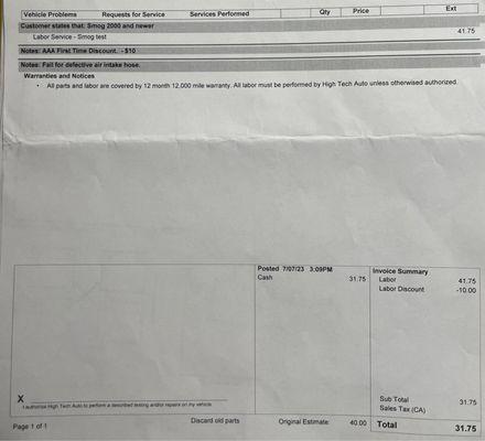 Invoice on Smog Test #1 .