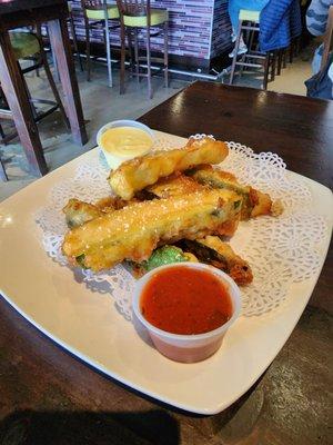 Zucchini Sticks that are served with one of the absolute best horseradish sauces I've ever had. Seriously I could drink this stuff.