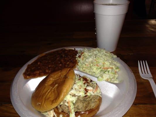 Pork sandwich plate, two large portioned sides and all you can drink sodas or tea! 9$