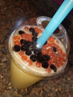 Green Mango, Peach Slush Tea with Boba and Pomegranate bursts (popping boba)