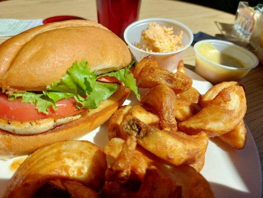 Grilled chicken sandwich, side of pimento cheese and sidewinder fries.