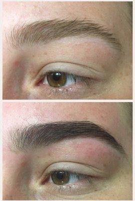 Before and after brow tinting and sugaring.