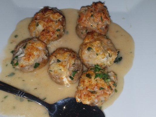 Stuffed mushrooms,  crabmeat. You can taste the lemon and oregano.  So good!