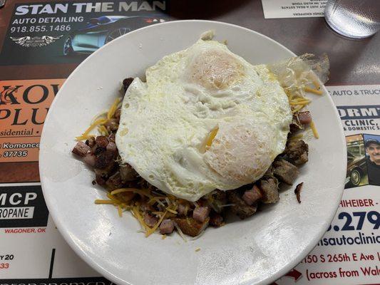 All meat skillet. Really flavorful. Comes with toast or biscuits