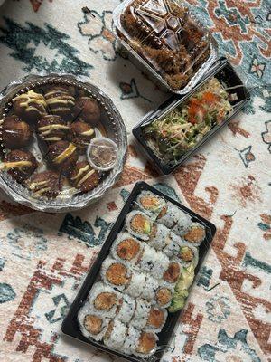 A9. Takoyaki, A4. Popcorn Chicken, A7. Spicy Seafood Salad, T10. Spicy Tuna Maki, T9. Spicy Salmon Maki