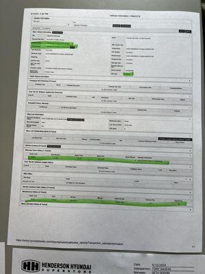 Paper that the sales manager provided stating the car was never put into service, yet had over 1k miles on the odometer.