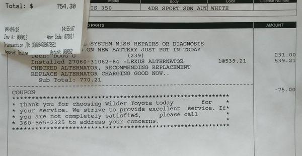 Initial alternator work receipt