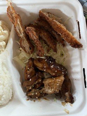 $16 combo plate - 6 overcooked pcs chicken katsu (2 burnt to a crisp), 5 small pcs teri chicken, 2 scoops rice, & mac salad.