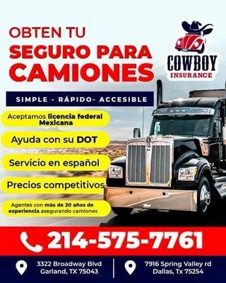 Permítanos asegurar sus camiones!

 No lincencia? ‍ No importa! 

 (214) 575-7761

Sirviendo todo Texas ‍‍

Tenemos