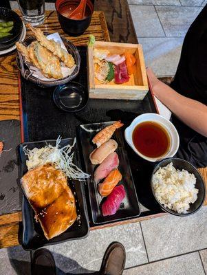 Dinner Set, Traditional. $23. Sashimi (6 pieces), tempura, miso soup, rice, nigiri (5 pieces) or California roll, salmon teriyaki (+$2).