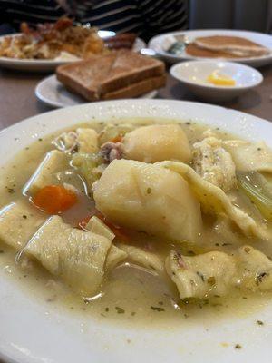 All-you-can-eat Chicken Pot Pie with The Hungry Breakfast in the background.