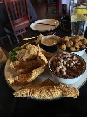 Husbands Catfish Dinner - Sides Fried Okra and Purple Hull peas.