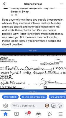 Please reach out to this person and resolve this fraudulent check.