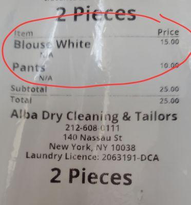 $15 for cleaning a white t-shirt.