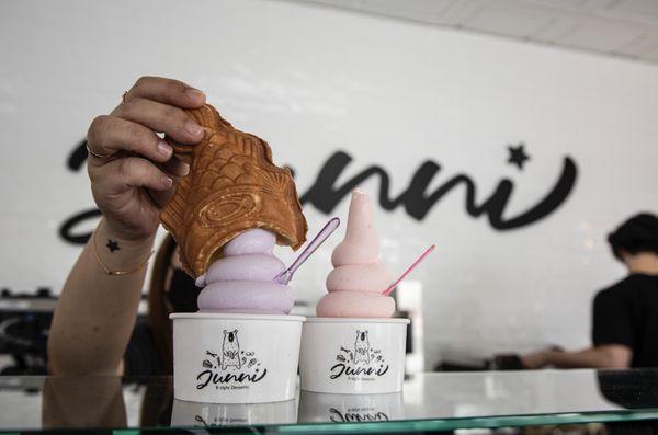 Ice Cream in a Cup with Taiyaki Cone  - Milk / Strawberry / Taro / Pineapple