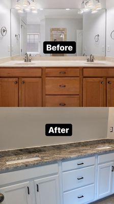 Before and after of master bath vanities. This granite is pretty!