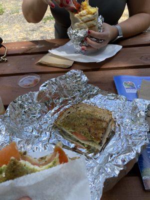 Pesto sandwich n breakfast burrito - brunch stop Tahoe- Mammoth