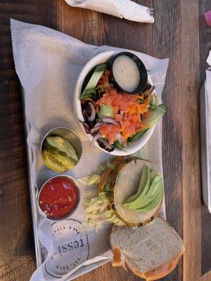 Veg burger and salad, $16