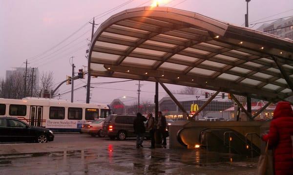 View of Marinelli Rd & Rockville Pike as you're leaving the station (the awning leads to underground bridge to cross the st)