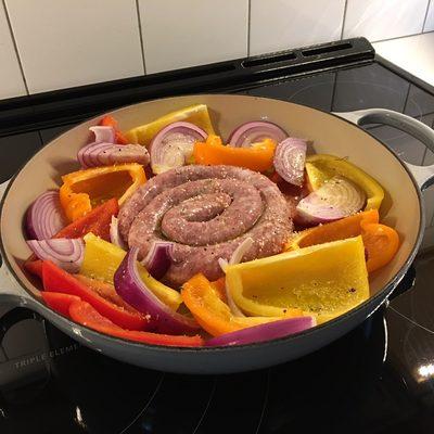 Yard Sausage, peppers and onions ready to go into the oven.