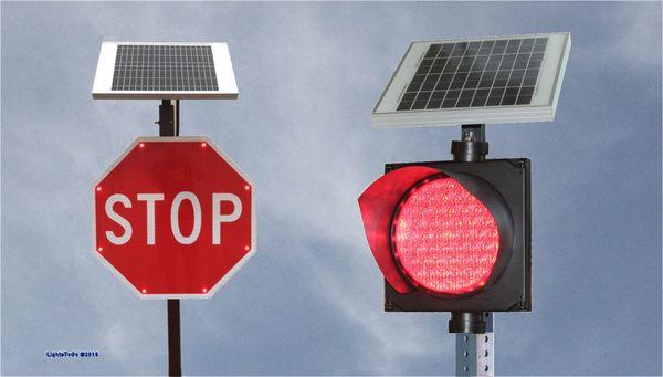 High visibility solar flashing Stop Signs and beacons