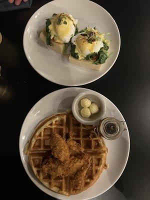 Chicken and Waffle and Classic Eggs Benedict