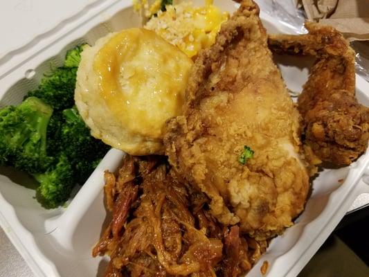 Fried chicken, pulled pork, honey biscuit, mac n' cheese, and broccoli