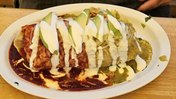 Wet burrito with both red and green salsa options