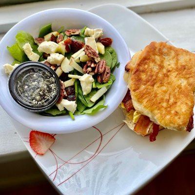 Cranberry biscuit egg, bacon, brie & apple date salad with brie