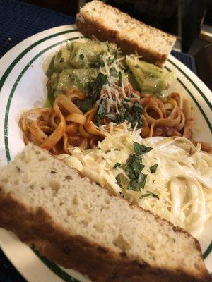 trae Colors pasta:marinara, Alfredo & pesto cream together on one plate. For the indecisive or those who just like variety all at once.