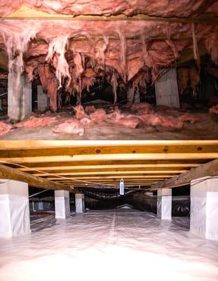 Before & After pictures of a crawlspace. Wet & humid crawlspaces can be corrected with many options that we provide.