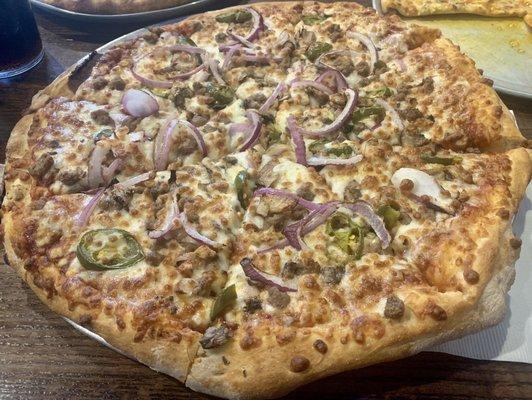 Craft Your Own.  -Original Crust -Marinara -Extra Mozzarella  -Groundbeef -Red Onion -Jalapeños -Mushroom