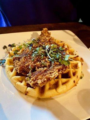 Cornflake fried chicken, jalapeño cheddar waffle, hot honey, whipped maple butter