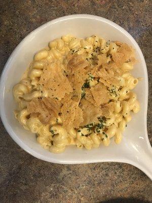 Homemade Mac 'n cheese. Cavatappi noodles in a bold white cheese sauce with fried Parmesan. Delicious!