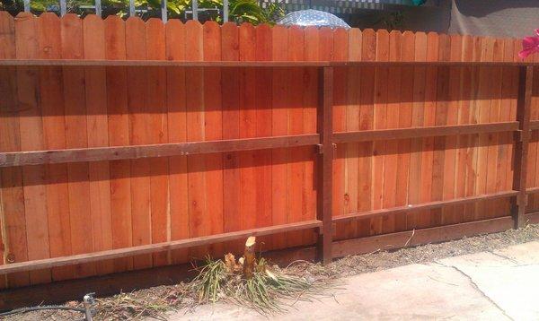 Redwood fence with triple stringers for added strength.