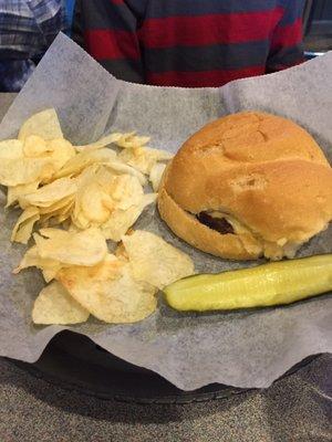 Cheeseburger with Chips and Pickle Spear as the side