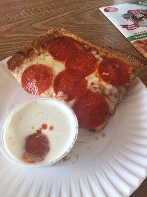 Sicilian slice, pepperoni and hot sauce/ranch