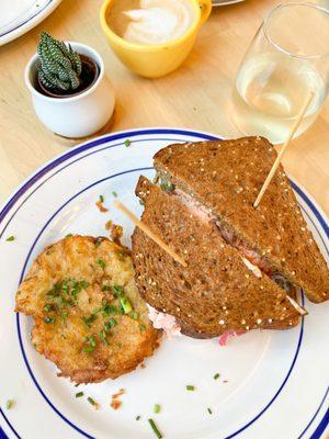 Smoked salmon sandwich with a side latke