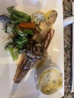 Walleye with vegetables and garlic mash potatoes